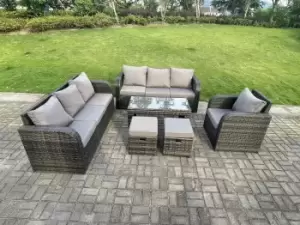 Image of Fimous 7 Seater Outdoor Dark Grey PE Rattan Lounge Complete Sofa Set with Reclining Chair and 2 Stools