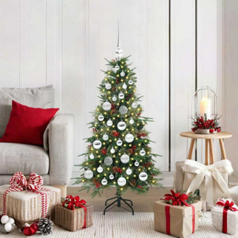 Image of vidaXL Artificial Hinged Christmas Tree with Silver Balls Green 120cm PE and PVC, Green 3397398