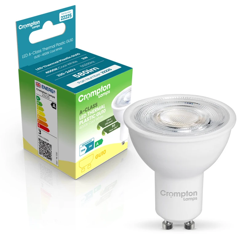 Image of Crompton LED Ultra-Efficient GU10 Spotlight Light Bulb 3W Cool 4000K Halogen Replacement A-Rated in