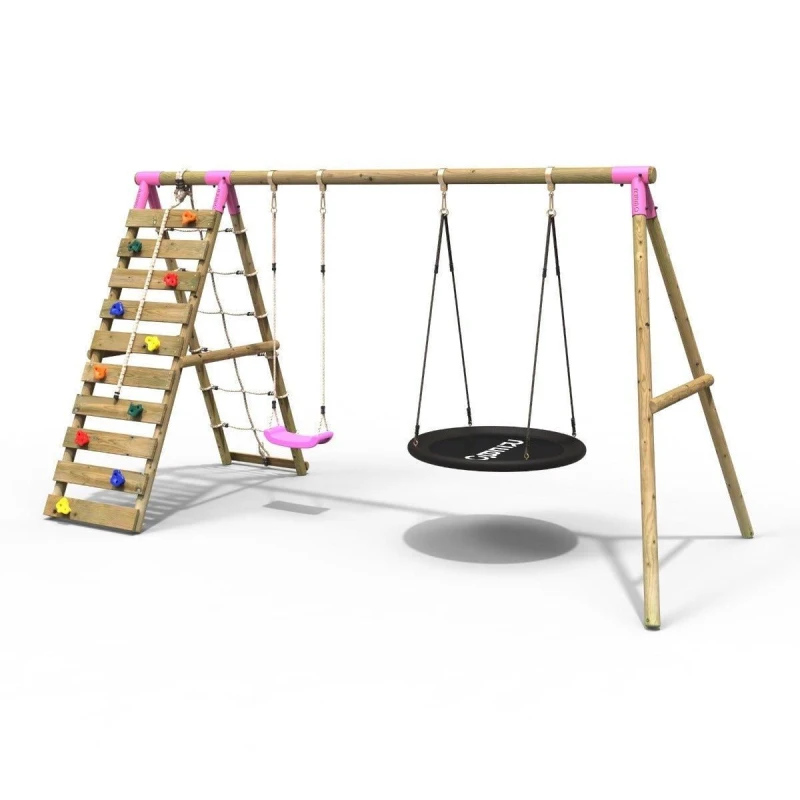 Image of Rebo Wooden Double Swing Set with Nest Swing and Climbing Wall - Vale Pink Pink