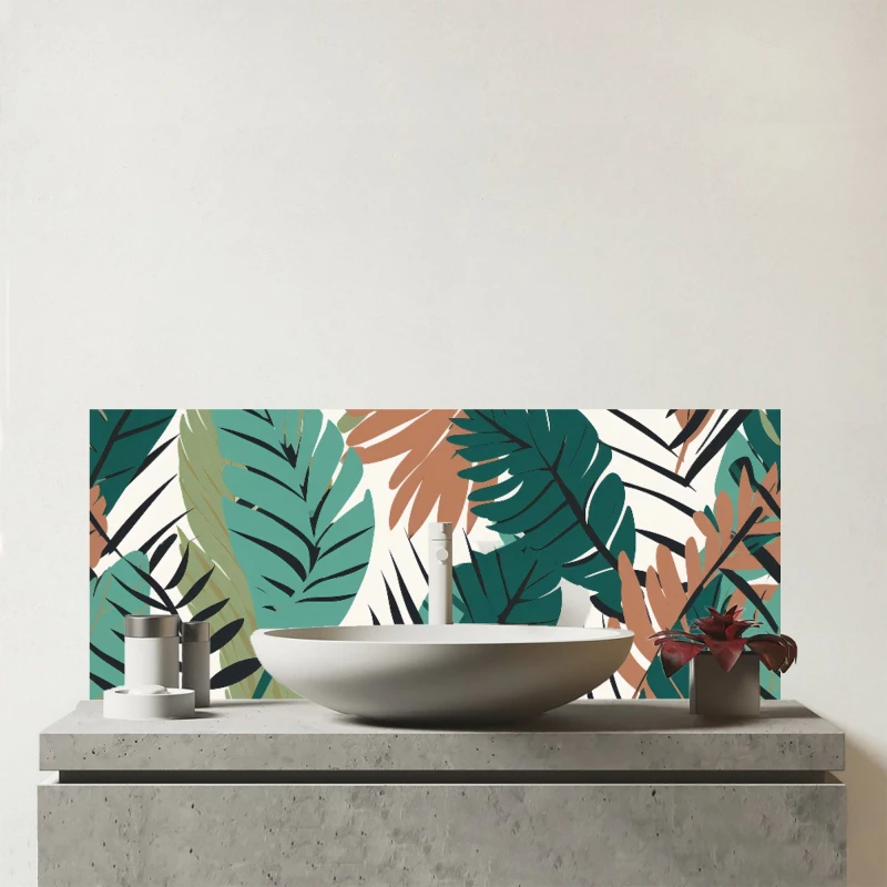 Image of Warren Reed - Designer Tropical Floral Leaves Green Brown Glass Bathroom Splashback Green Unisex