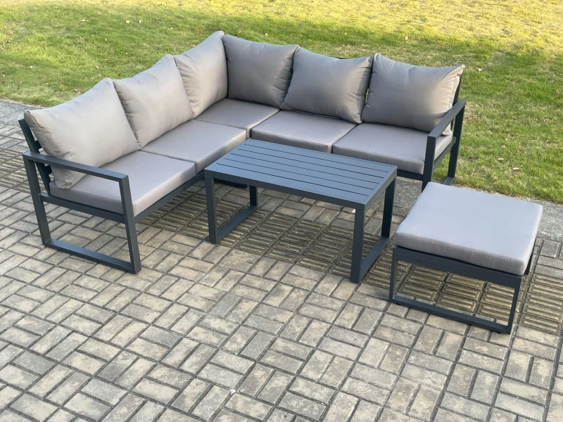 Image of Fimous Aluminium Outdoor Garden Furniture Set Lounge Sofa Coffee Table Sets with Big Footstool Indoor Conservatory Set Dark Grey Dark Grey Unisex