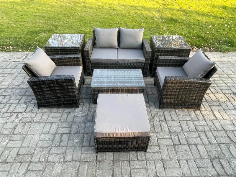 Image of Fimous 5 Seater Outdoor Lounge Sofa Set Wicker PE Rattan Garden Furniture Set with Rectangular Coffee Table Double Seat Sofa in Dark Grey Dark Grey Un