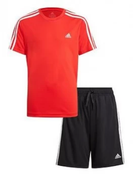 Image of adidas Boys Junior 3-Stripes T-Shirt & Shorts Set - Red/Black, Red/Black, Size 9-10 Years