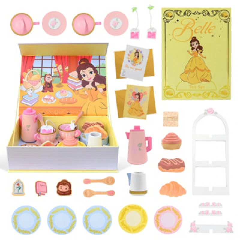 Image of Disney Princess Belle Wooden Tea Party Set 27 Piece, Pretend Play With Book Box