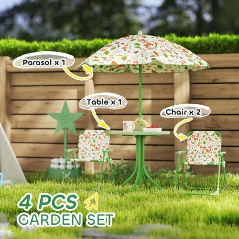 Image of AIYAPLAY AIYAPLAY Kids Garden Table and Chair Set, Outdoor Patio Set w/ Parasol Green