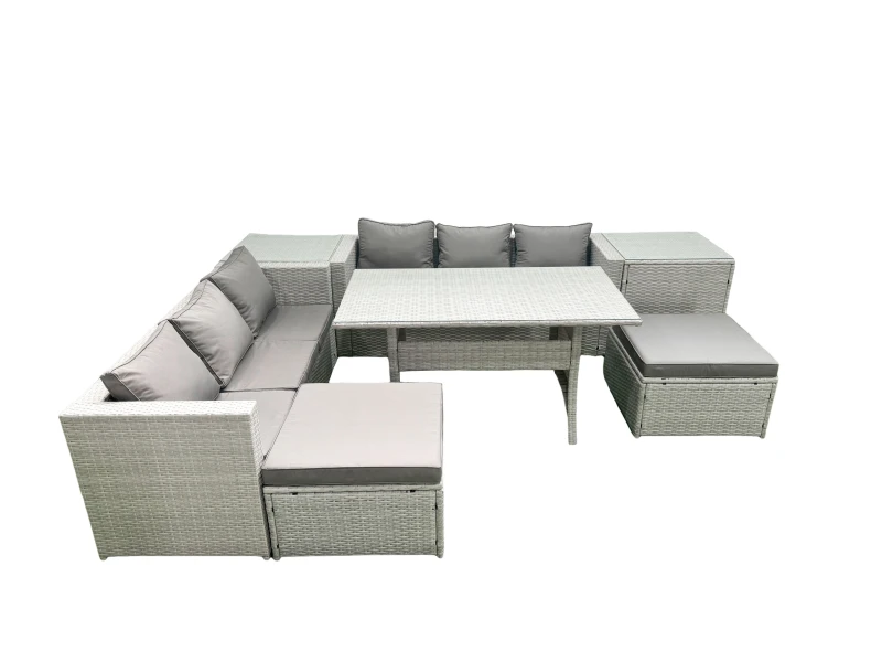 Image of Fimous Rattan Garden Furniture Set 8 Seater Outdoor Sofa Set with Dining Table 2 Side Tables 2 Big Footstools Light Grey Mixed Light Grey