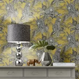 Image of Mamboa Tropical Palm Leopard Ochre Yellow Exotic Jungle Linen Effect Wallpaper - Ochre, Yellow, Black, White
