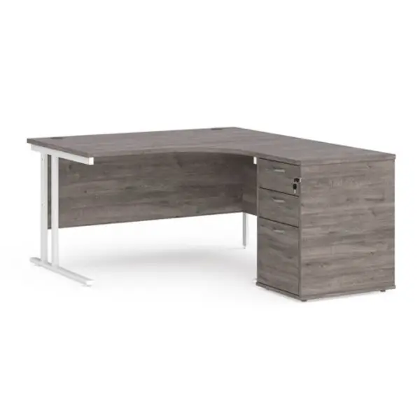 Image of Office Desk Right Hand Corner Desk 1400mm With Pedestal Grey Oak Top With White Frame Maestro 25