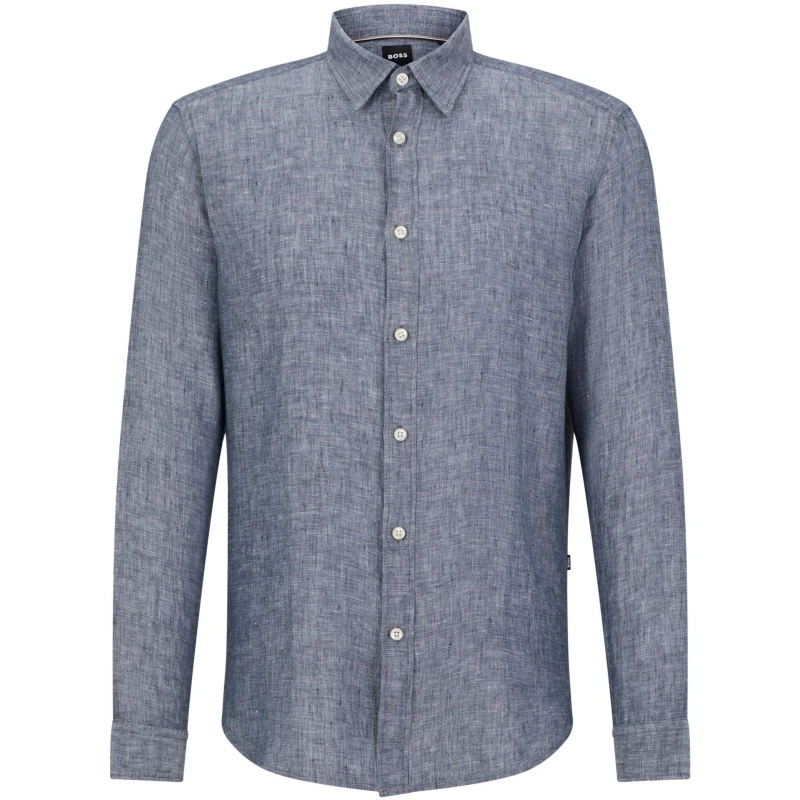 Image of Boss Mens Liam Long Sleeve Plain Shirt Dark Blue male S