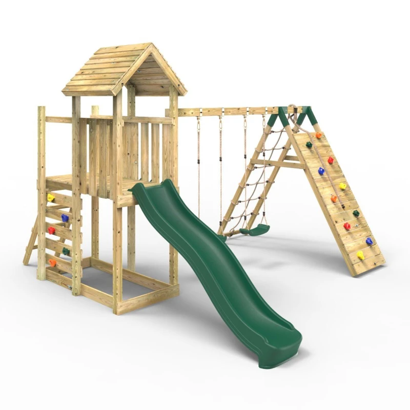 Image of OutdoorToys Extended Tower Wooden Climbing Frame with Swings & Slide - Greenhorn in Beige Beige Unisex