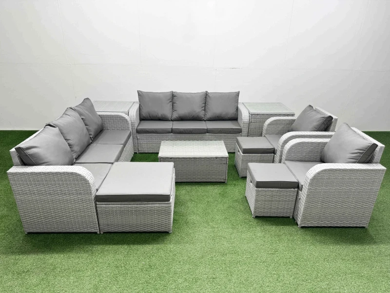 Image of Fimous PE Rattan High Back Lounge Sofa Set Patio Coffee Table & Chairs Set with 3 Seater Sofa Reclining Chair 3 Stools 2 Side Table Light Grey Light G