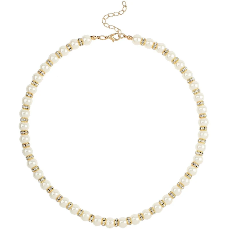 Image of Mason Knight Yager Faux 6mm Pearl And Crystal Bead Necklace Gold And White female One Size