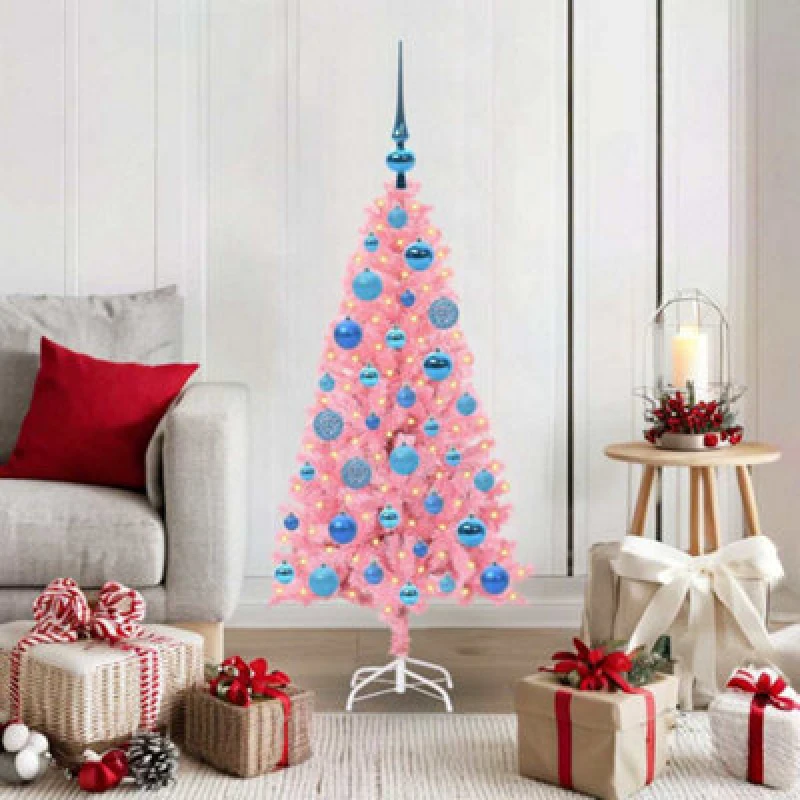 Image of vidaXL Christmas Tree with 150 LEDs with Stand, Blue Balls Pink 120cm PVC, Pink 3396414