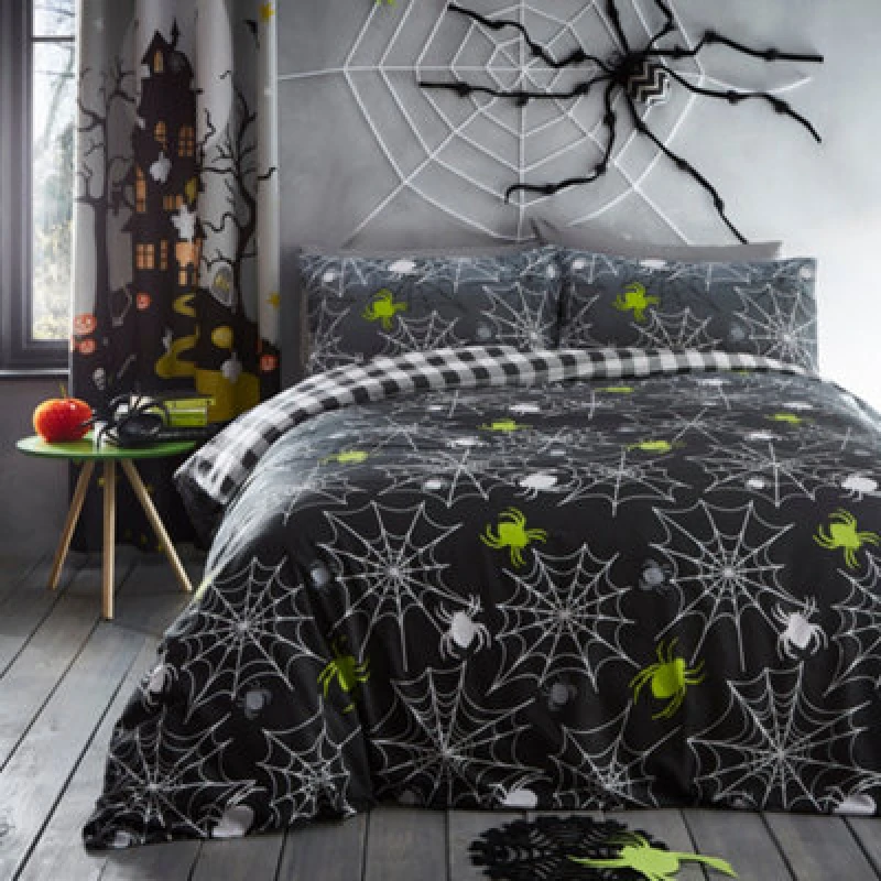 Image of Bedlam 'Spiders' Glow in the Dark Spider Print Halloween Duvet Cover Set Grey