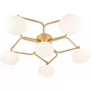 Image of Loops - Satin Brass Geometric Flush Ceiling Light - Opal Glass Shades - 6 Bulb Fitting