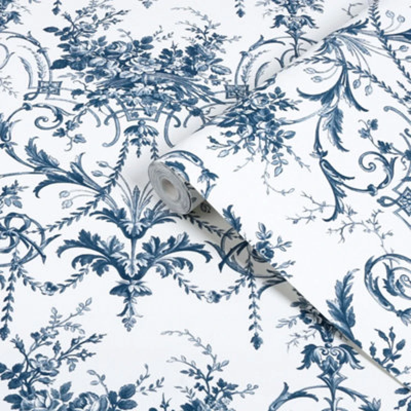 Image of Laura Ashley White & Midnight Blue Tuileries Smooth Wallpaper