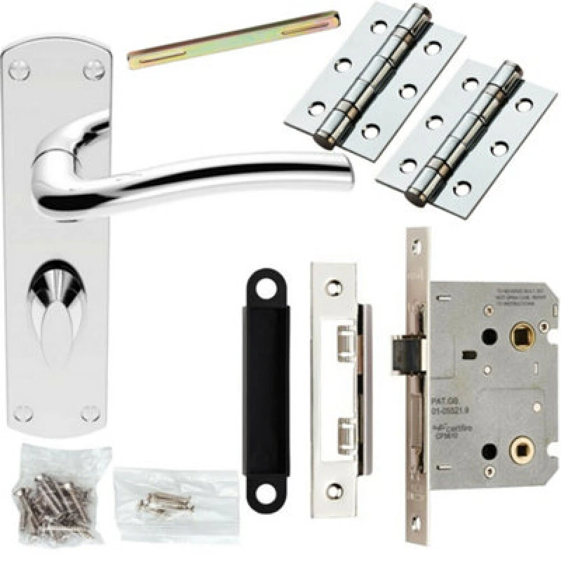 Image of Loops Door Handle & Bathroom Lock Pack Chrome Curved Round Arm Thumb Turn Backplate Multi