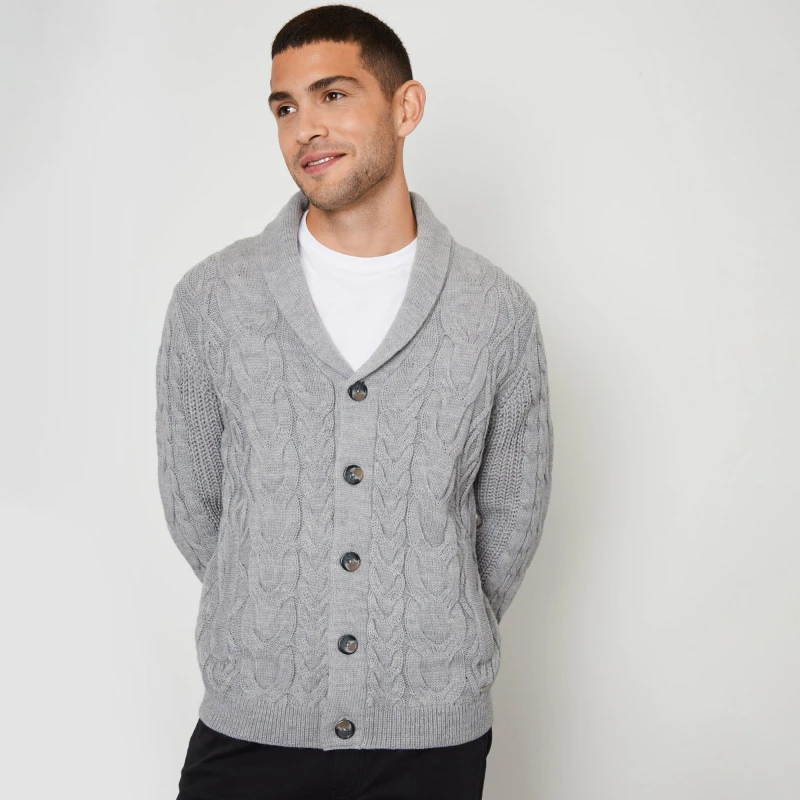 Image of Threadbare 'Finchley' Cable Knit Shawl Collar Cardigan With Wool Grey