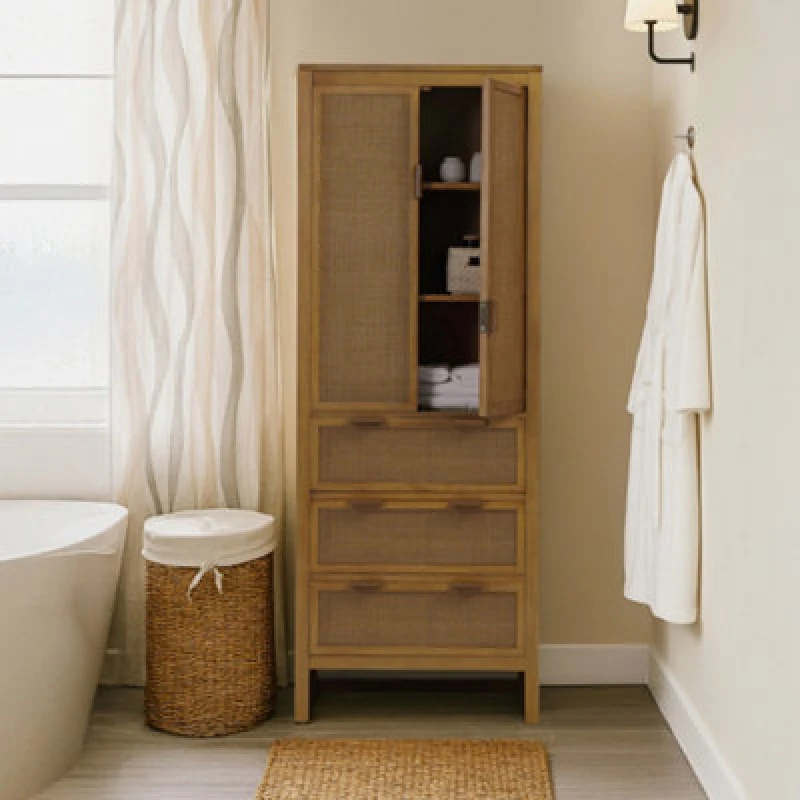 Image of Teamson Home Hatteras Wooden Linen Cabinet Rattan Doors 165Cm Tall, Natural