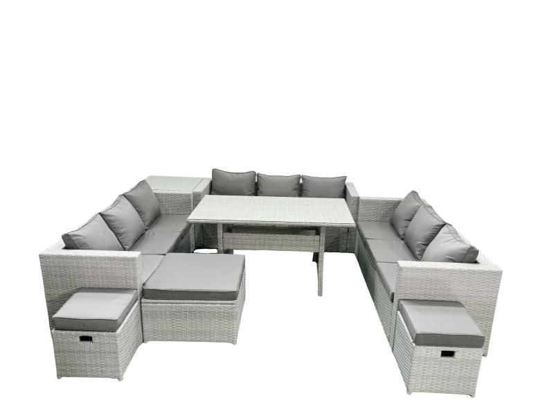 Image of Fimous Rattan Garden Outdoor Furniture Set 12 Seater Garden Sofa Rectangulr Dining Table Set with 3 Footstools Side Table Light Grey Mixed Light Grey