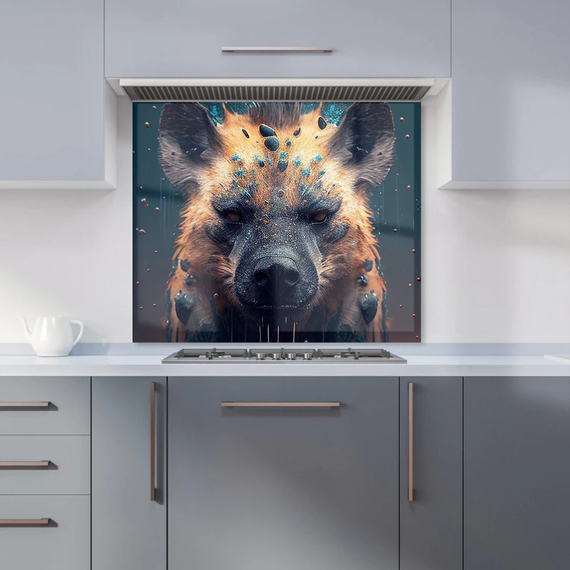 Image of Warren Reed - Designer Hyena Face Splashart Dark Background Kitchen Splashback in Brown Size: 700mm x 650mm Brown Unisex 700mm x 650mm