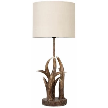 Image of Caribou Antler Table Lamp In A Natural Finish + Small Drum Shade - Beige