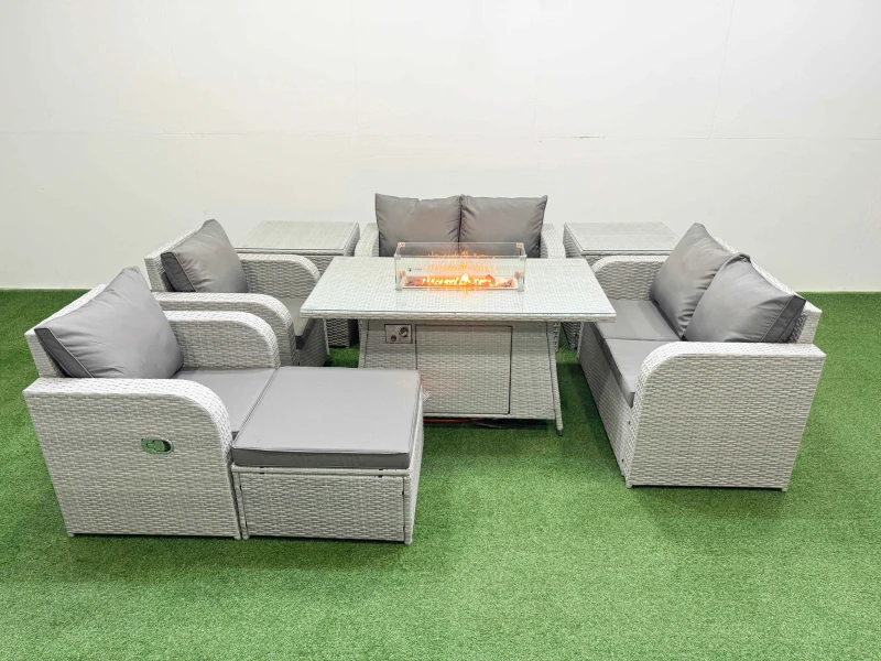 Image of Fimous 7 Seater Outdoor Reclining Chair Love Sofa Set Rattan Garden Furniture Set with Firepit Dining Table Footstool 2 Side Tables Light Grey Light G