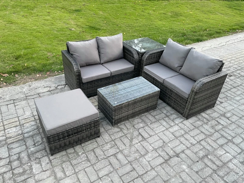 Image of Fimous Outdoor Lounge Sofa Set Rattan Garden Furniture Set with Rectangular Coffee Table Big Footstool Side Table Dark Grey Mixed Dark Grey
