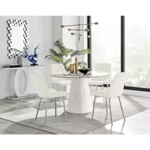 Image of Furniturebox Palma White Marble Effect 120cm Round Minimalist Dining Table & 4 Cream Pesaro Silver Leg Velvet Chairs