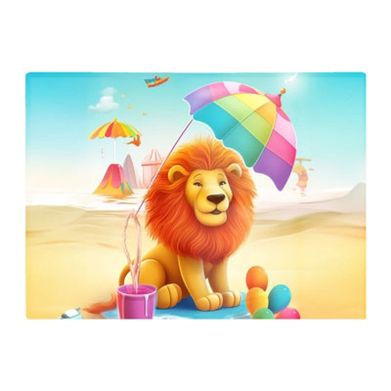Image of Warren Reed Designer Lion On A Beach Holiday Glass Chopping Board