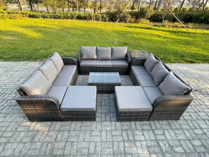 Image of Fimous Outdoor Garden Furniture Sets 11 Seater Wicker Rattan Furniture Sofa Sets with Rectangular Coffee Table 3 Seater Sofa Side Table 2 Big Footstoo