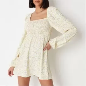 Image of Missguided Floral Print Shirred Mini Dress - Yellow