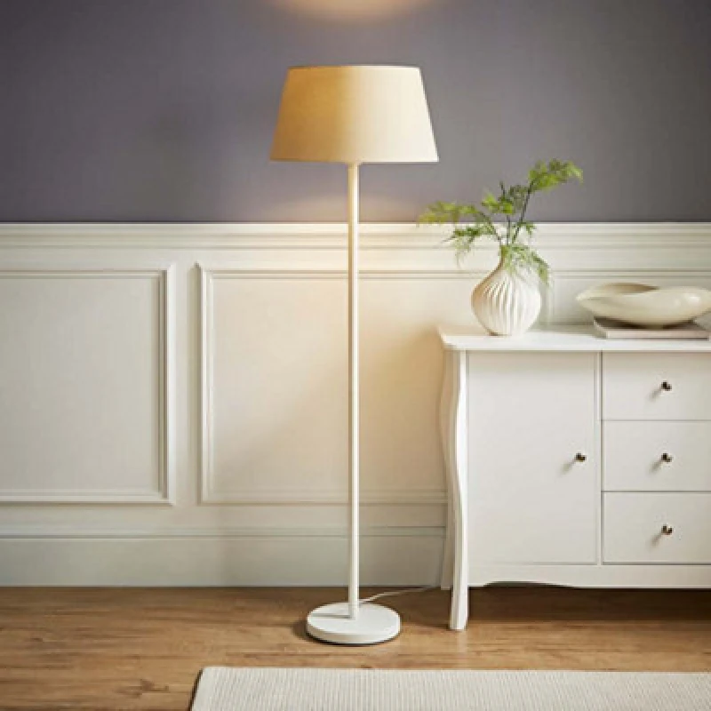 Image of ValueLights Charlie White Metal Single Stem Floor Lamp with Fabric Tapered Lamp Shade Beige