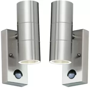 Image of 2 PACK IP44 Outdoor Accent Light & PIR GU10 Stainless Steel Up & Down Wall Lamp