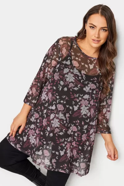Image of Floral Print Mesh Layered Top