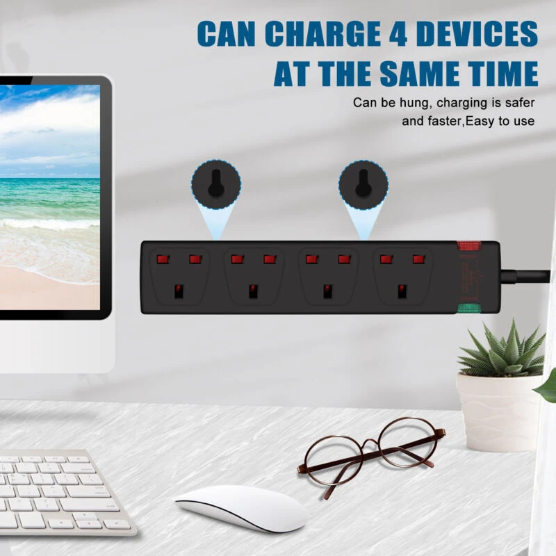 Image of EXTRASTAR Extrastar - 4 Gang Surge-Protected Extension Lead 2M Black, 13A, Two Indicator Light 5060577575009