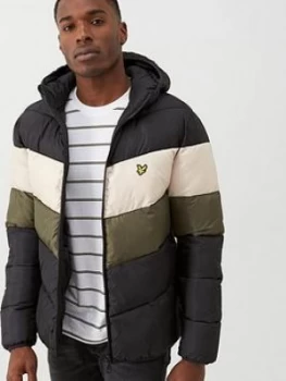 Image of Lyle & Scott Colour Block Padded Jacket - Black/Olive, Black/Olive, Size L, Men
