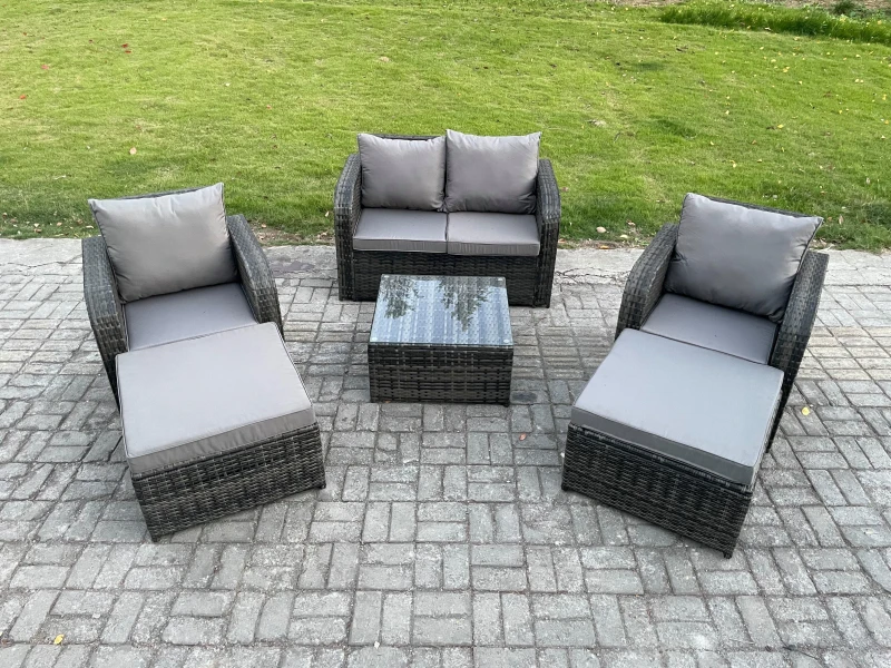 Image of Fimous 6 Seater High Back Rattan Garden Furniture Set with Square Coffee Table 2 Big Footstool Reclining Chair Indoor Outdoor Patio Lounge Sofa Set Da