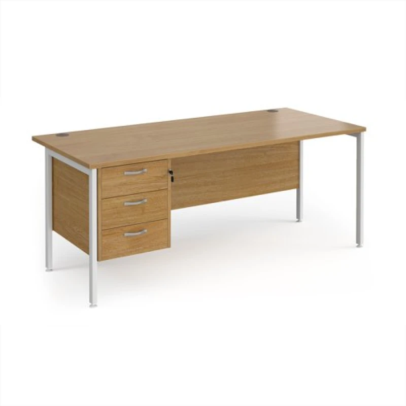 Image of Maestro 25 Office Desk Rectangular Desk 1800mm With Pedestal Oak Top With White Frame 800mm Depth Maestro 25 MH18P3WHO Oak MH18P3WHO