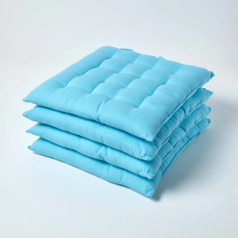 Image of Homescapes Plain Seat Pad with Button Straps, 40 x 40cm, Set of 4 Light Blue