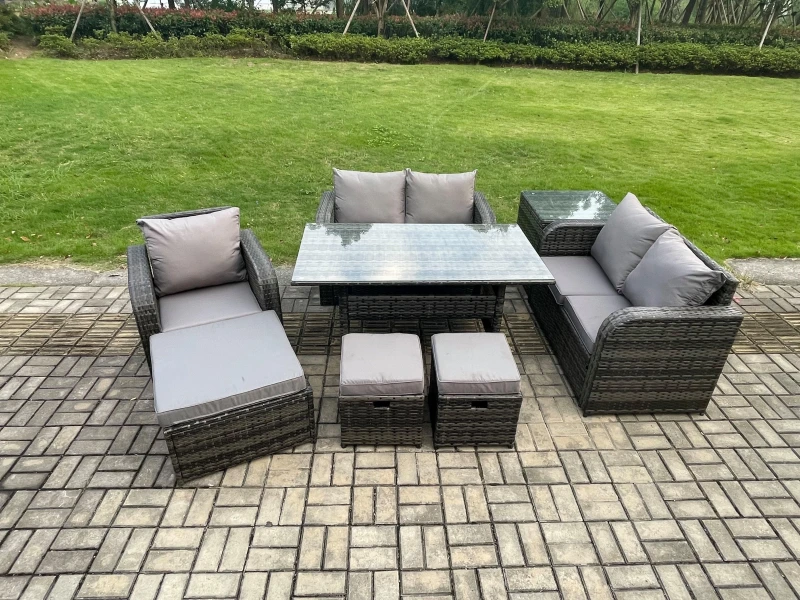 Image of Fimous 8 Seater Lounge Rattan Sofa Set Outdoor Garden Furniture Oblong Rectangular Dining Table With Chairs 3 Footstools Side Table in Dark Grey Dark