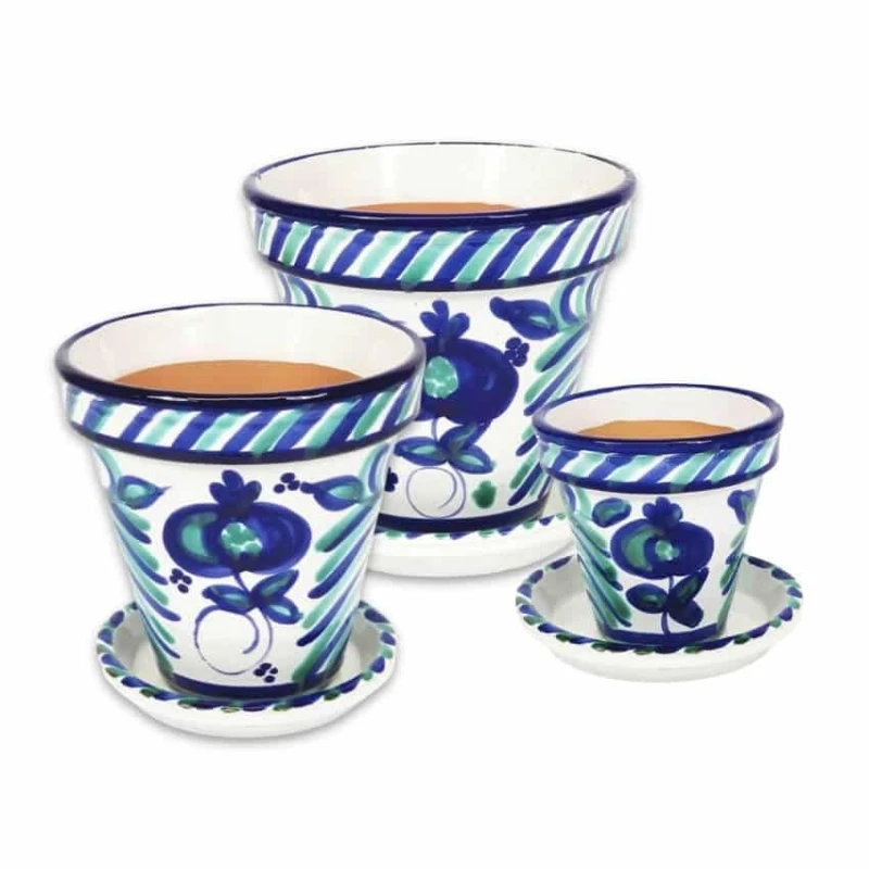 Image of Verano Spanish Ceramics Granada Hand Painted White Set of 3 Classic Pots & Drainage Plates (D) 16-29cm White