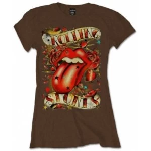 Image of Rolling Stones Tongue & Stars Brown Ladies T Shirt: Small