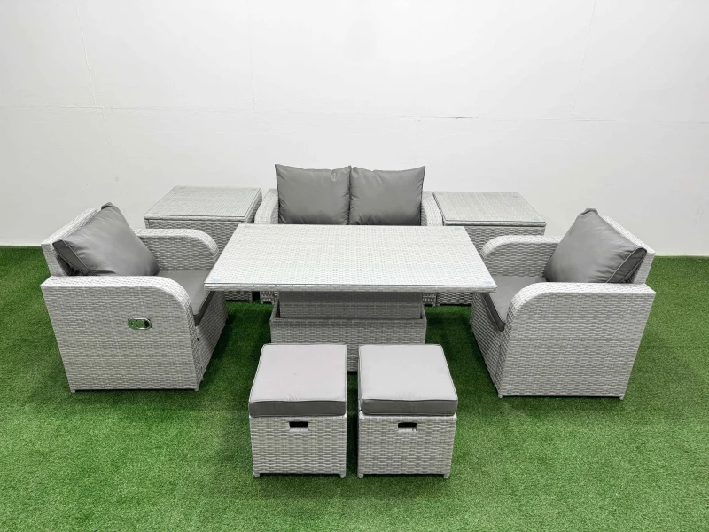 Image of Fimous Light Grey PE Wicker Rattan Garden Furniture Set Sofa Set Reclining Chair Adjustable Lifting Dining or Coffee Table 6 Seater 2 Small Stools 2 S