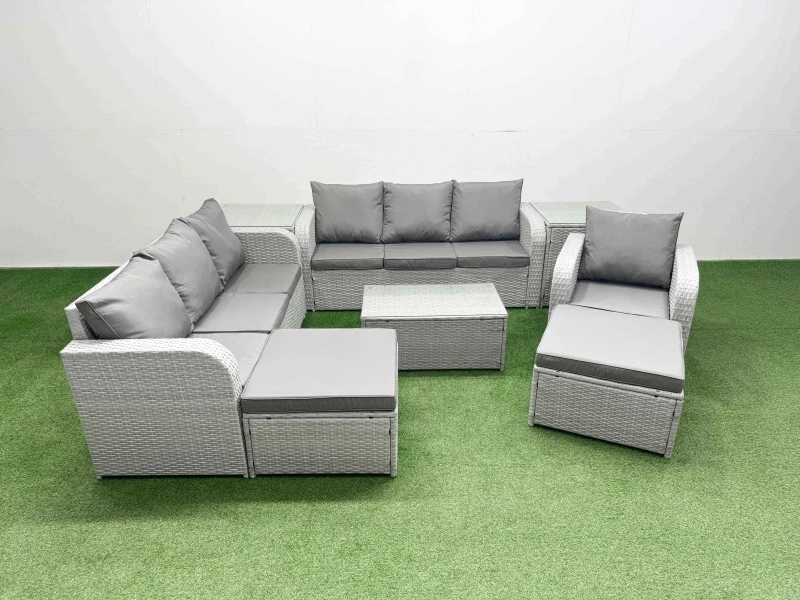 Image of Fimous 9 Seater Poly Rattan Outdoor Garden Furniture Sofa Set Patio 3 Seater Sofa Reclining Chair 3 Seater Sofa 2 Big Footstools 2 Side Table Light Gr