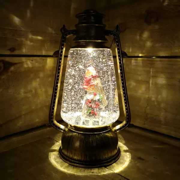 Image of 24cm Premier Christmas Water Spinner Antique Effect Hurricane Lantern with Robin on Tree Stump Dual Powered