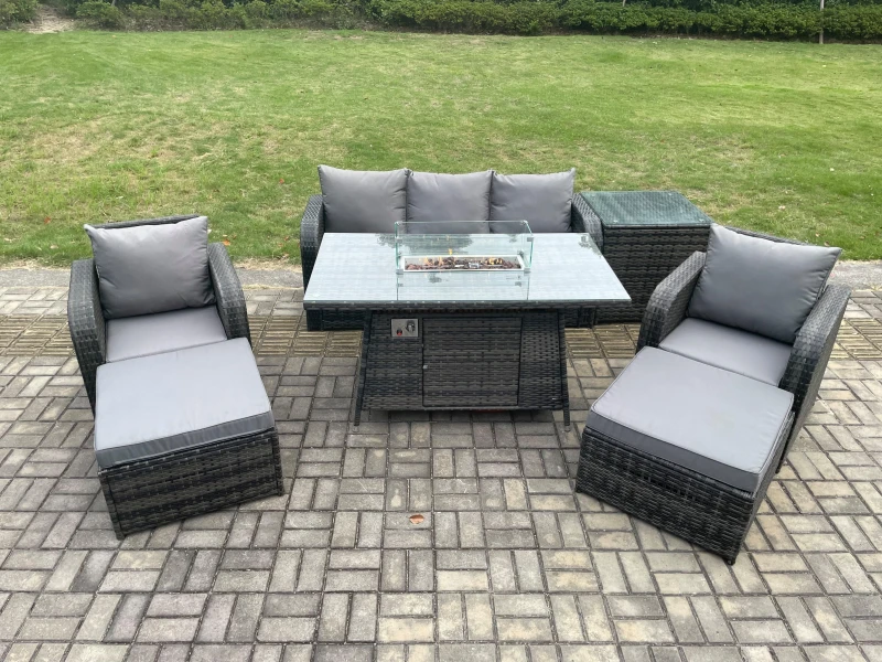 Image of Fimous Wicker Rattan Garden Furniture Sofa Set Gas Fire Pit Dining Table Indoor Outdoor with Side Table Chair 2 Big Footstool Dark Grey