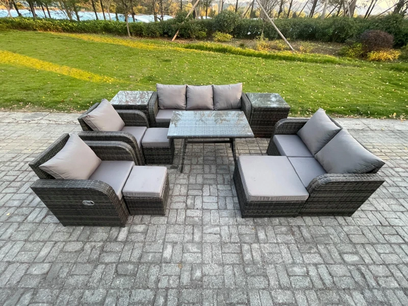 Image of Fimous Outdoor Rattan Garden Furniture Set 10 Seater Patio Lounge Sofa Set with Dining Table 3 Footstools 2 Side Tables Dark Grey