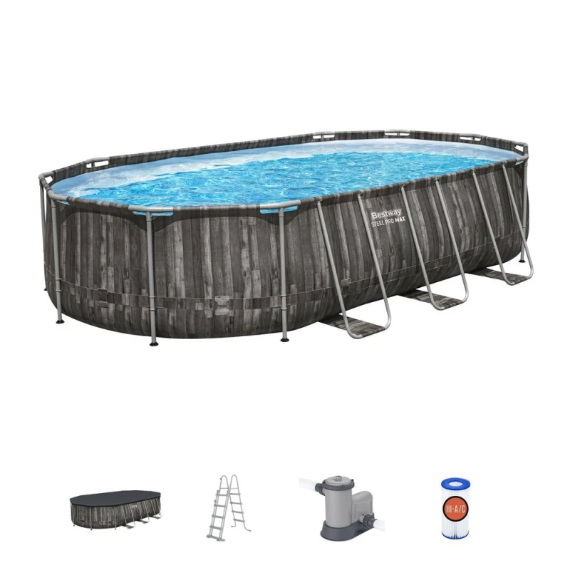 Image of Bestway Power Steel Wood Panel Print Oval Pool Set 20ft Swimming Pool Grey Multicolor Unisex